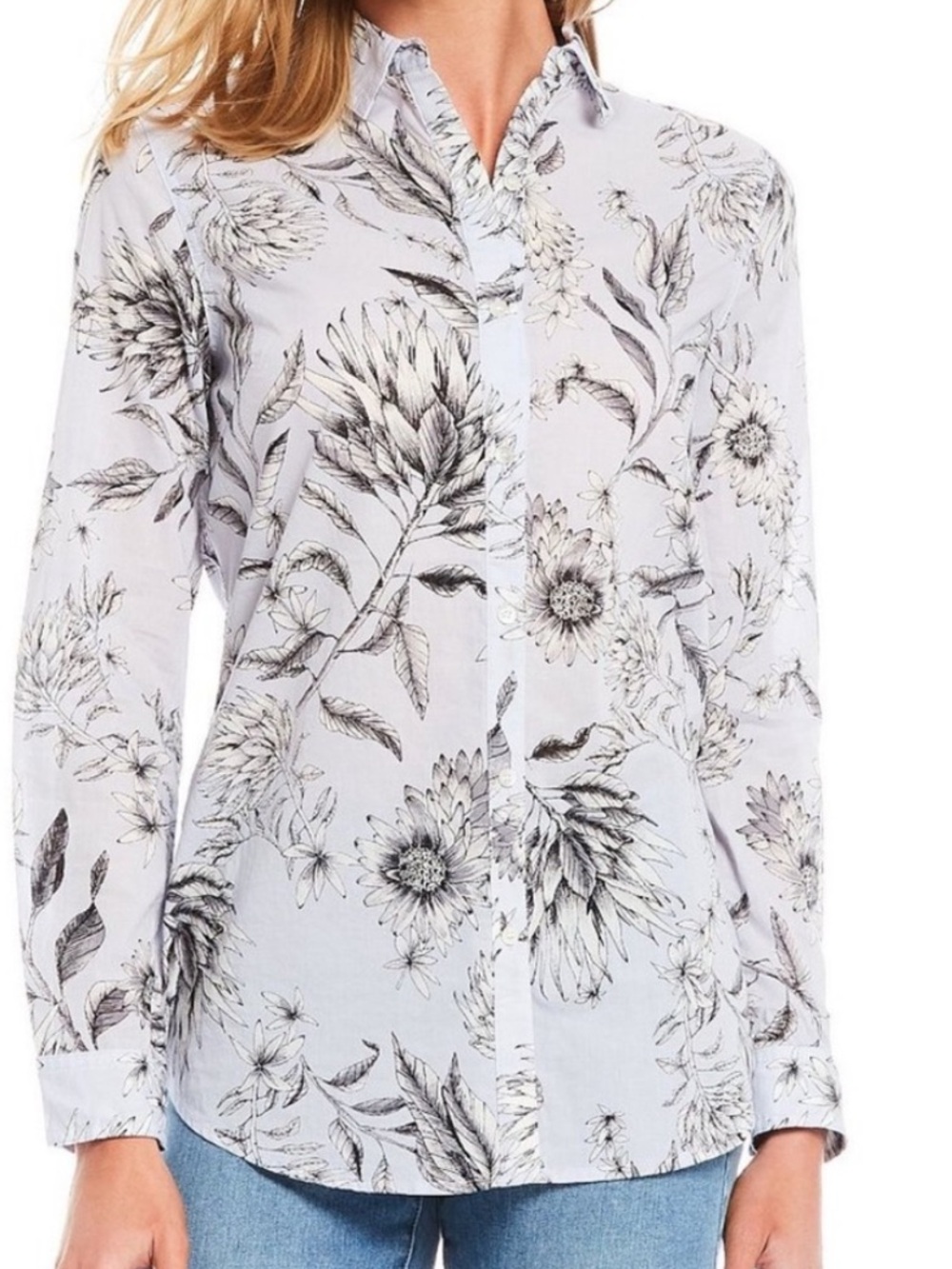 J.McLaughlin Lois Floral Voile Button-Front Shirt  Blue/Gray Floral size Large